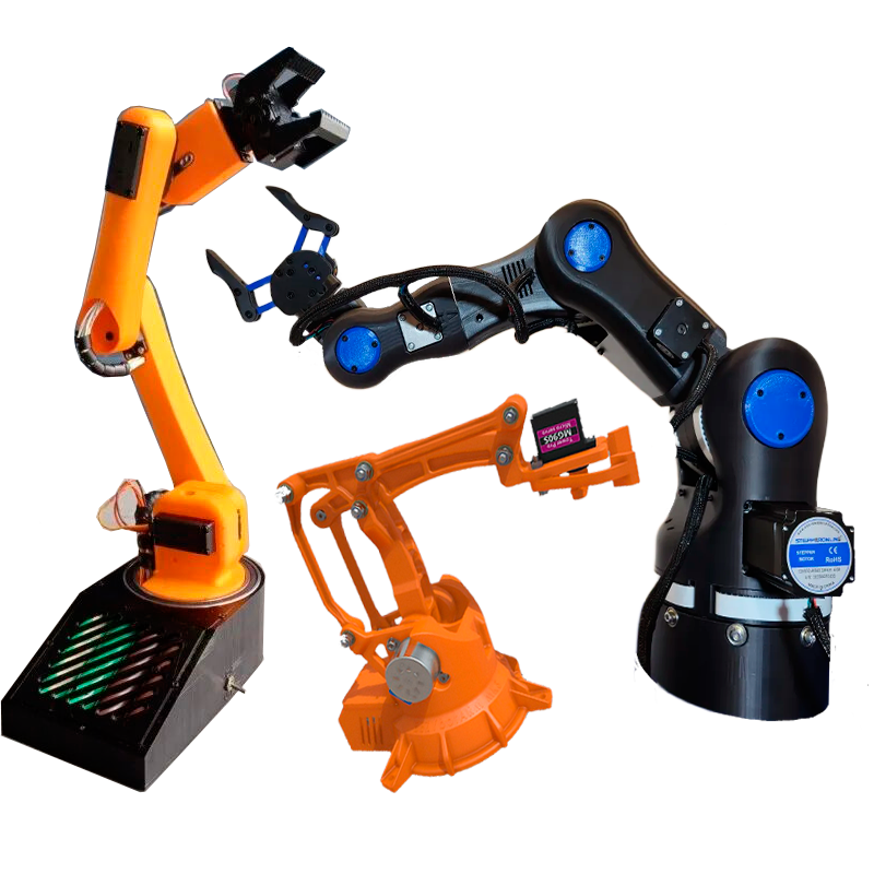 Коллаж трёх популярных open-source роборук: InMoov, EEZYbotARM и BCN3D Moveo на нейтральном фоне